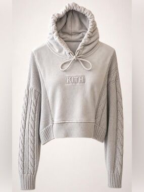 Kith Cropped Cotton Hoodie, Cable Knit Sleeves, Light Gray, branded, L, GUC